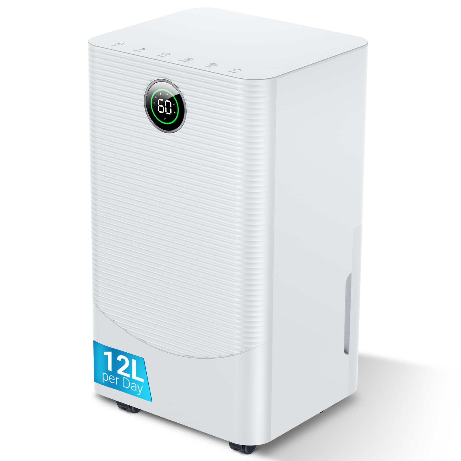 12L/day Dehumidifier with Digital Humidity Sensor & Display - 24-Hour Timer, 3 Dehumidification Modes, Continuous Drain, Ideal for Bedrooms, Office, Basements A-12l - White