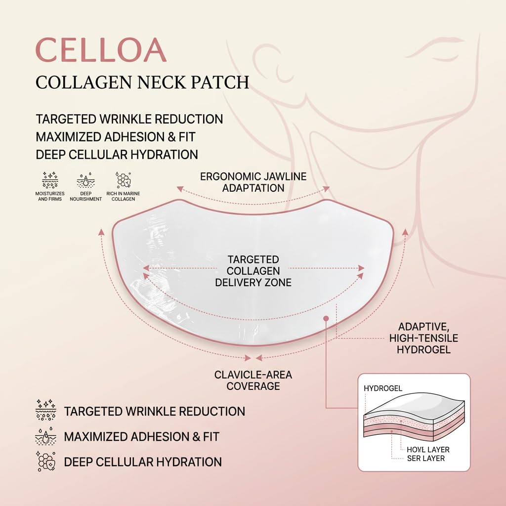 Celloa Neck Patch, Collagen Neck Wrinkle Patches, Tighten Sagging Wrinkles, Anti Aging & Deep Hydration, with Peptide + Hyaluronic Acid, 5 Pairs/Box (1)