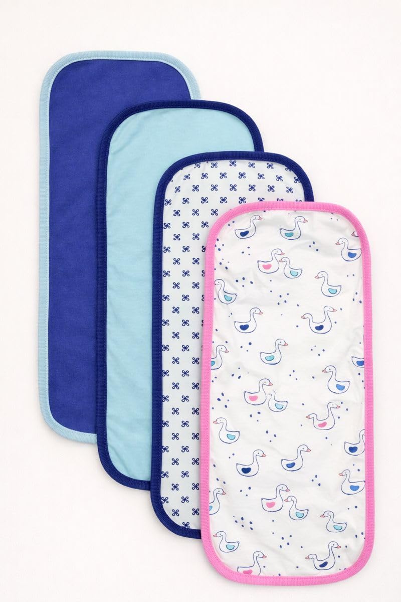 TuddyBuddy Baby Burp Cloth Towel Napkins for Baby Large 17x6 Inches, Fine Double Layer 100% Cotton (Pack of 4, Ducks & Crisscross, 50X20 Cms)