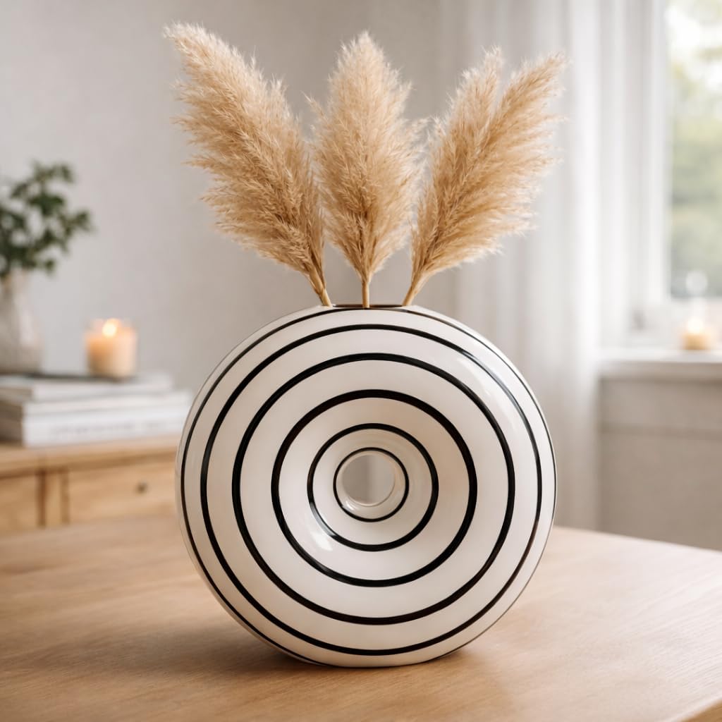 Ceramic Large Donut Vase Hand-Painted Glossy Finish, Unique Modern Home Accent, Flower Holder, Stylish Decor for Living Room, Coffee Table, Mid-Century Modern