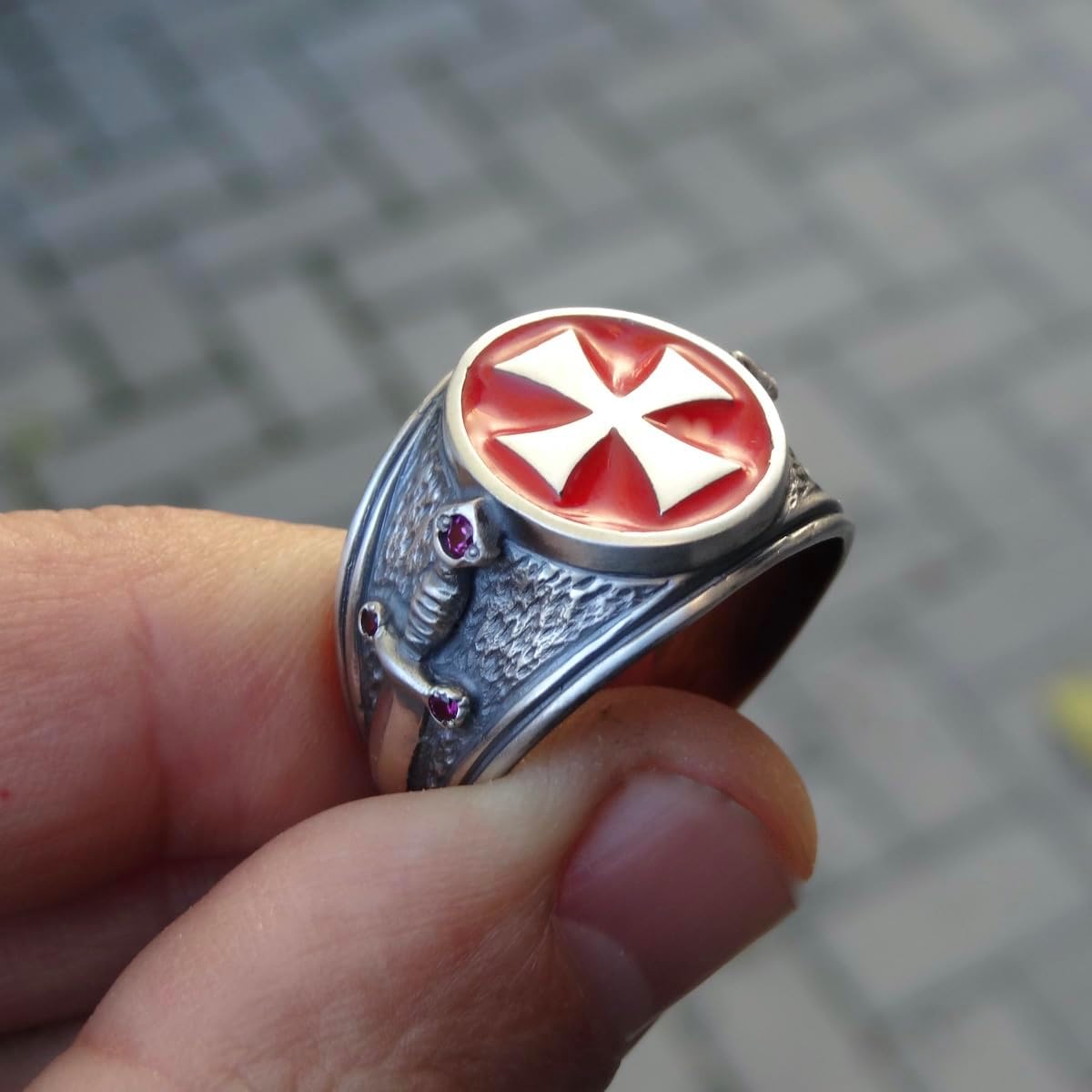 New Knights Templar Ring Sterling Silver 925 Cross Red Enamel Handmade Jewelry