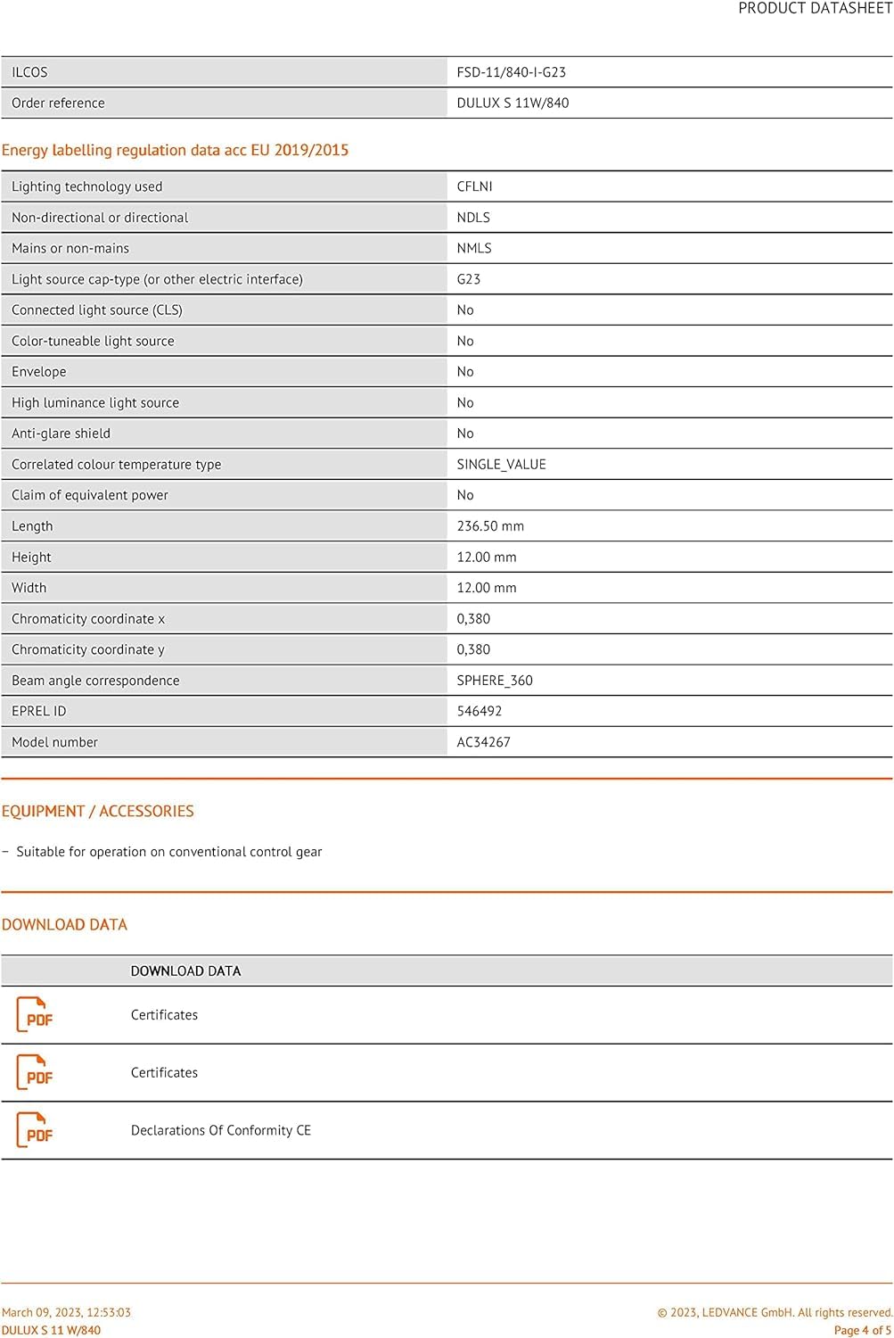 10 x Osram DULUX S 11W/840 G23