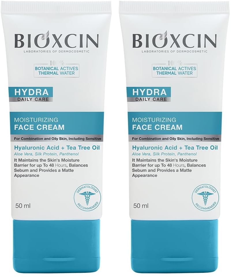 Bioxcin Hydra Karma ve Yağlı Ciltler İçin Nemlendirici Yüz Kremi 50 ml – Hyaluronik Asit, Çay Ağacı Yağı, Aloe Vera, İpek Proteini – Sebum Dengeleyici & Matlaştırıcı (2 paketi)