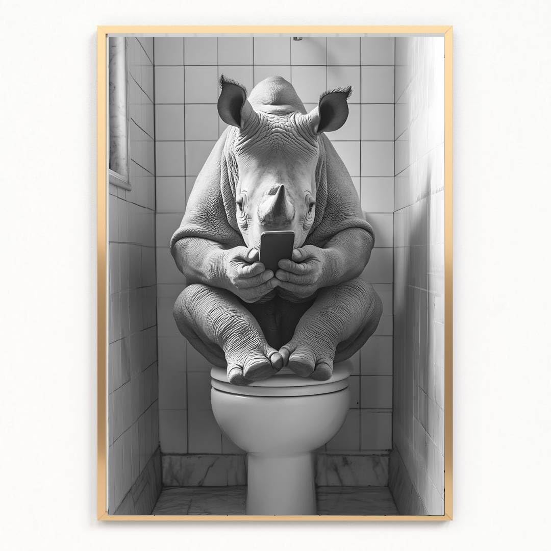 Gfc Black White Funny Bathroom Toilet Animal Print Picture Poster Rhino On A Toilet Selfie Phone A4 Unframed Wall Art Home Decor Decorating