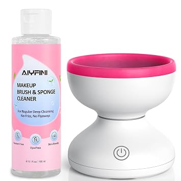 Alyfini Makeup Brush Cleaner Machine + Cleanser Solution Combo, Powerful for Tough Residue on Make Up Brushes/Sponges/Puffs