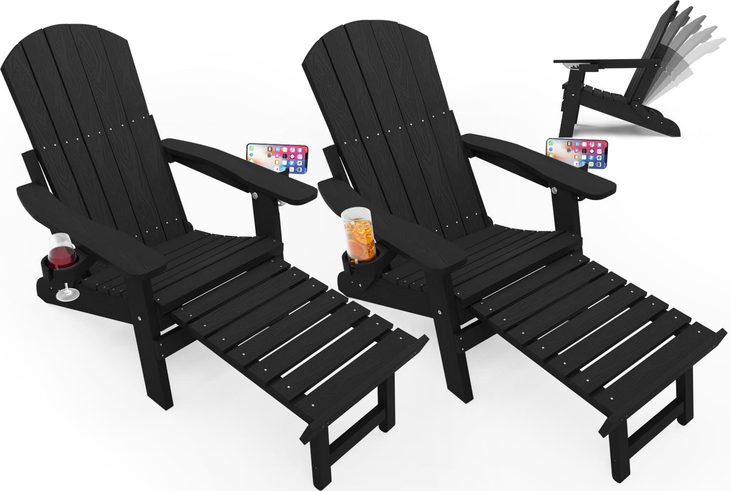 YEFU Adjustable Adirondack Chair with Footrest Set of 2, 5-Level Adjustable Adirondack Chair with Retractable Ottoman& 2 Cup Holder, Folding Adirondacks Chairs Use for Outdoor, Pool, Fire Pit (Black)