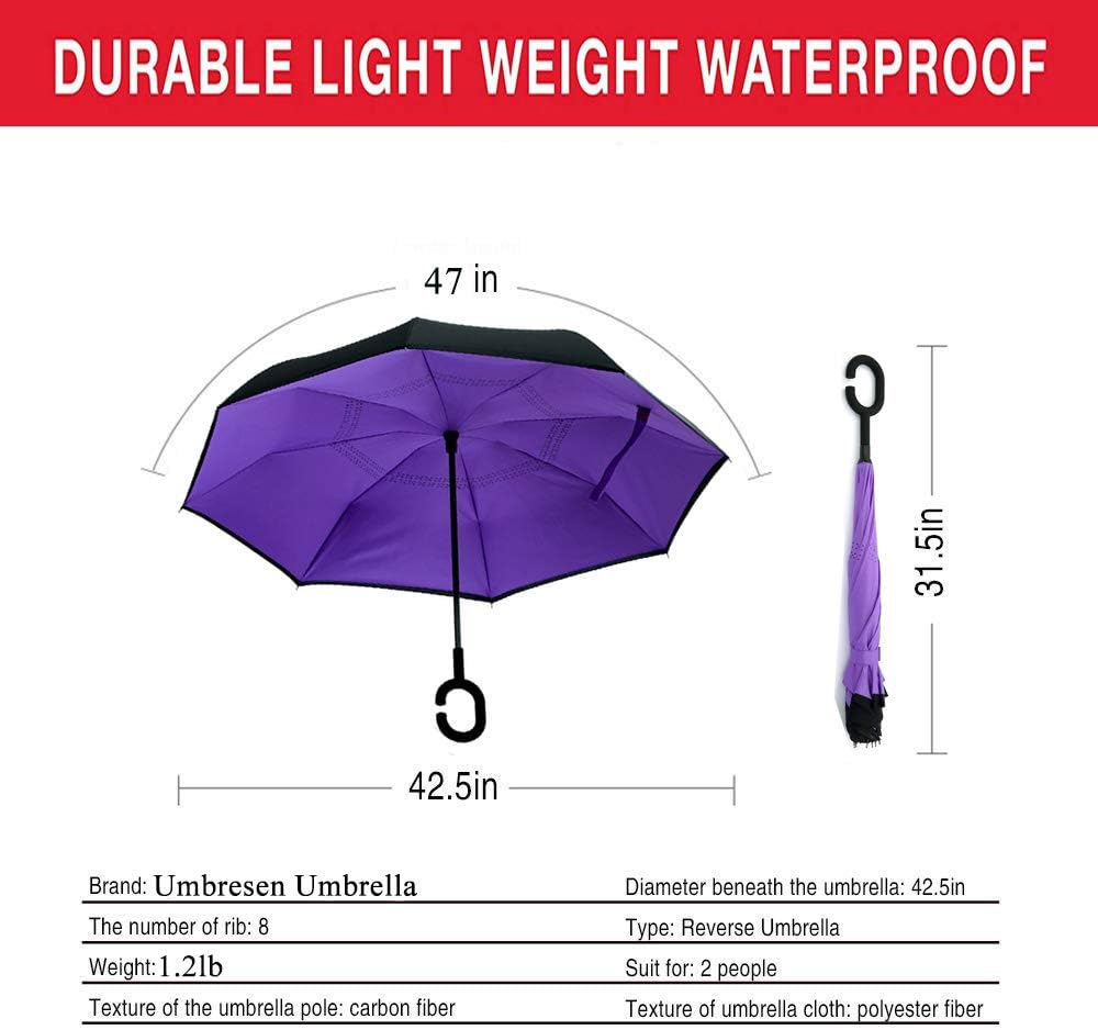 umbresen Double Layer Inverted Umbrella Cars Reverse Open Folding Umbrellas, Windproof UV Protection Large Self Stand Upside Down Straight Umbrella for Golf Women and Men With C-Shaped (Purple)