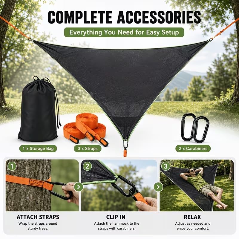 XIYU Dreieck Hängematte,Camping Hängematte für 2-3 Personen, Tragbare Outdoor Hängematte für Erwachsene mit 3 Gurten und Mesh-Taschen,Belastbar bis 400 lbs,für Garten,Camping,Reisen, 2,8 x 2,8 x 2,8 m