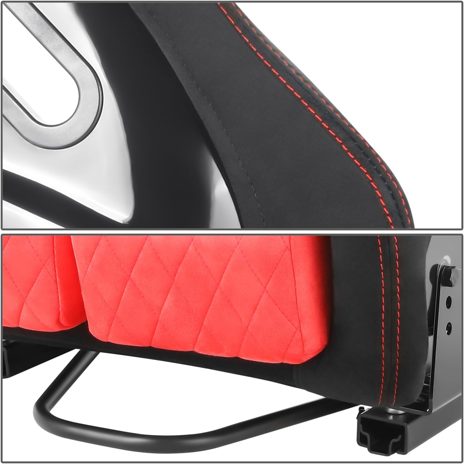 DNA MOTORING 2PCS Fixed Back Racing Bucket Seats with Dual Rails, Compatible with 5 Point Harness, Red Suede/White Stitching, RS-JBR-010-RD-RD