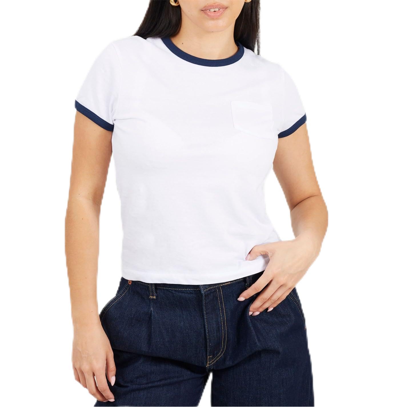 Brave Soul Women's Short Sleeve Chest Pocket T-Shit With Contrast Neck And Sleeve Rib - White/Navy - 8 (XS)