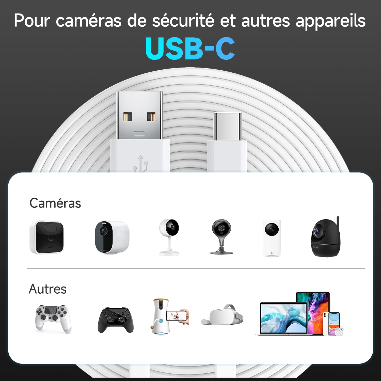 Câble d'extension d'alimentation plat de 5 m pour caméras de sécurité à domicile compatibles USB-C ou autres appareils (téléphone, manette Switch Pro, etc.), rallonge USB A vers type C pour