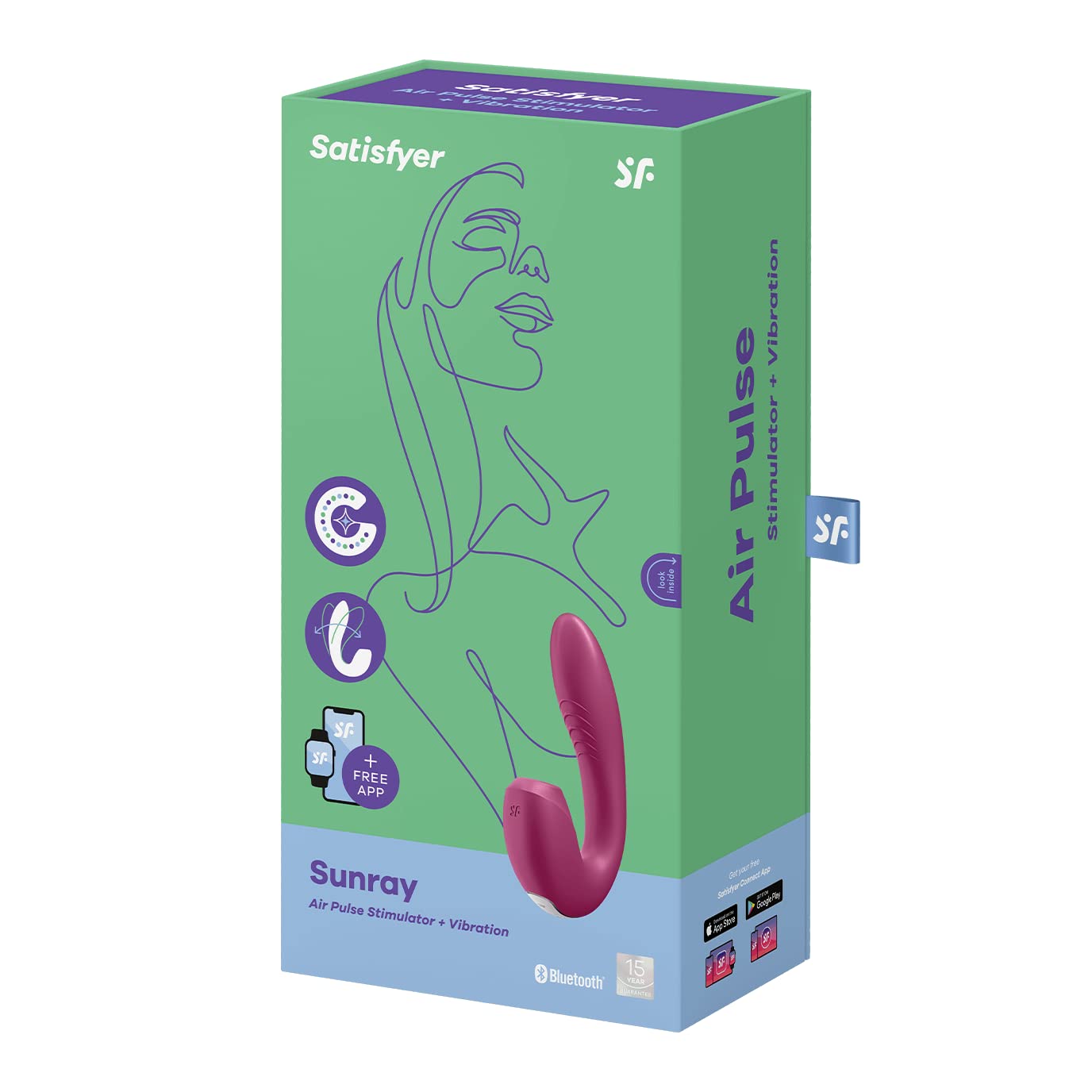 Satisfyer, vibratore a onde di pressione, Rabbit, Sunray Connect App', 15 cm, con app,impermeabile, ricaricabile, silicone delicato sulla pelle, colore:bacca