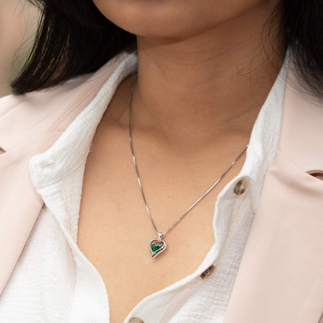 PEORA Sterling Silver Heart in Heart Solitaire Pendant Necklace for Women in Various Gemstones, Heart Shape 6mm, with 18 inch Italian Chain