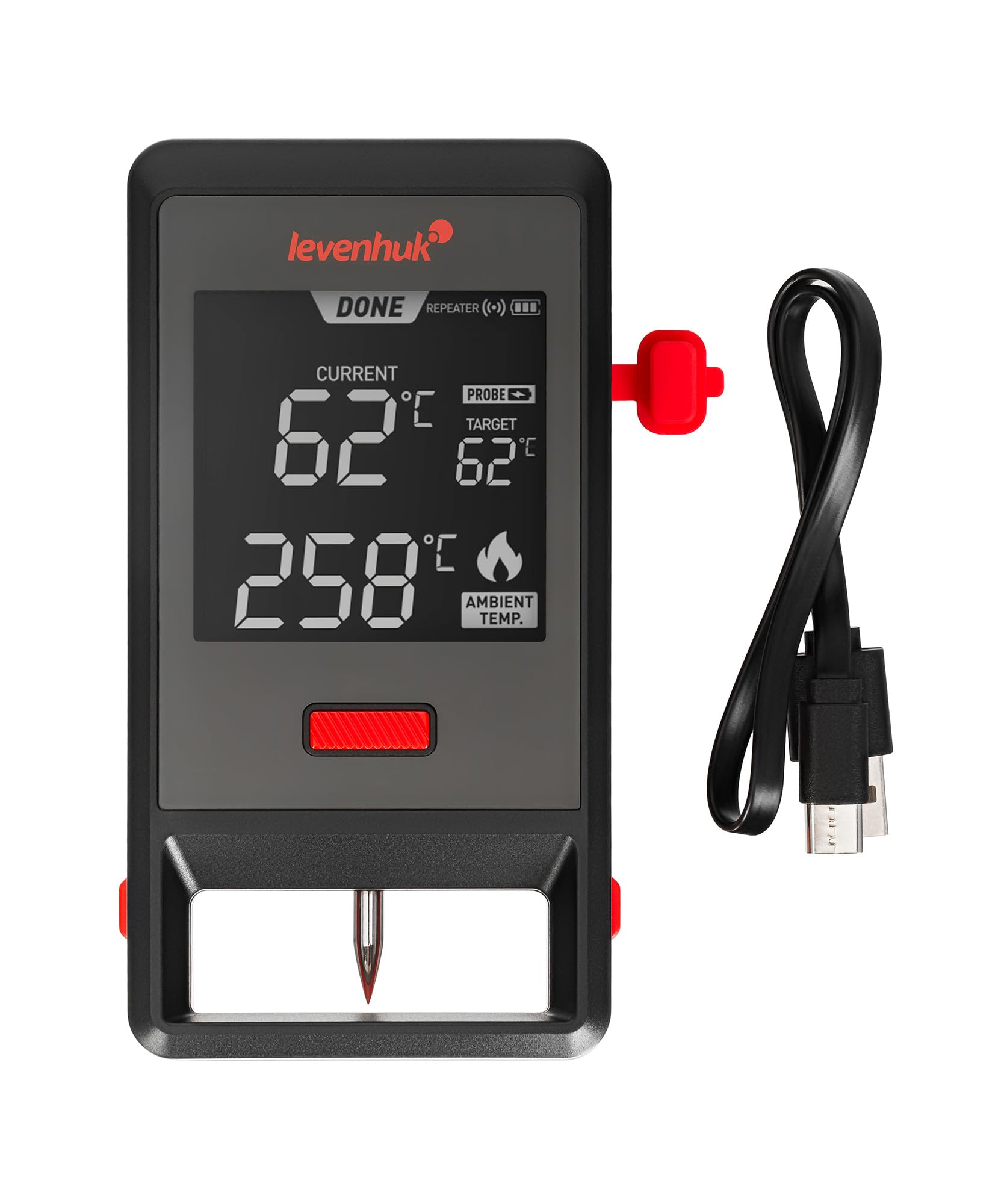 Levenhuk BT30 BT30 bezprzewodowy termometr do mięsa z cyfrową sondą do natychmiastowego odczytu, LCD, timerem i alarmem, kompatybilny z aplikacją Bluetooth, BBQ, piekarnikiem, grillem i wędzarnią