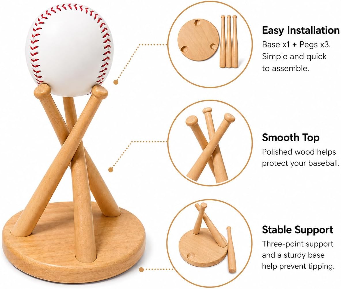 Zenmood Baseball Holder Stand With Stable Base,Softball Display Stand,Wooden Holder for Small Sport Ball, Perfect for Baseball Sports Lovers