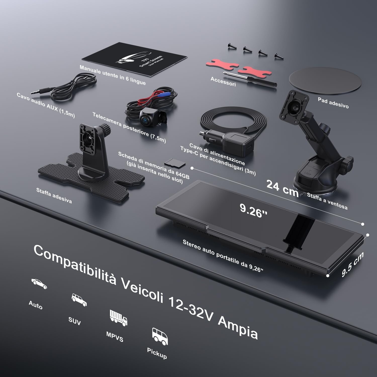 Avylet Schermo per auto 9.26 pollici,Wireless Carplay e Android Auto, con Dash Cam 4K, Fotocamera Posteriore HD, Schermo Touch, Controllo Vocale, Navigazione GPS, Mirror Link, Bluetooth, AUX, FM