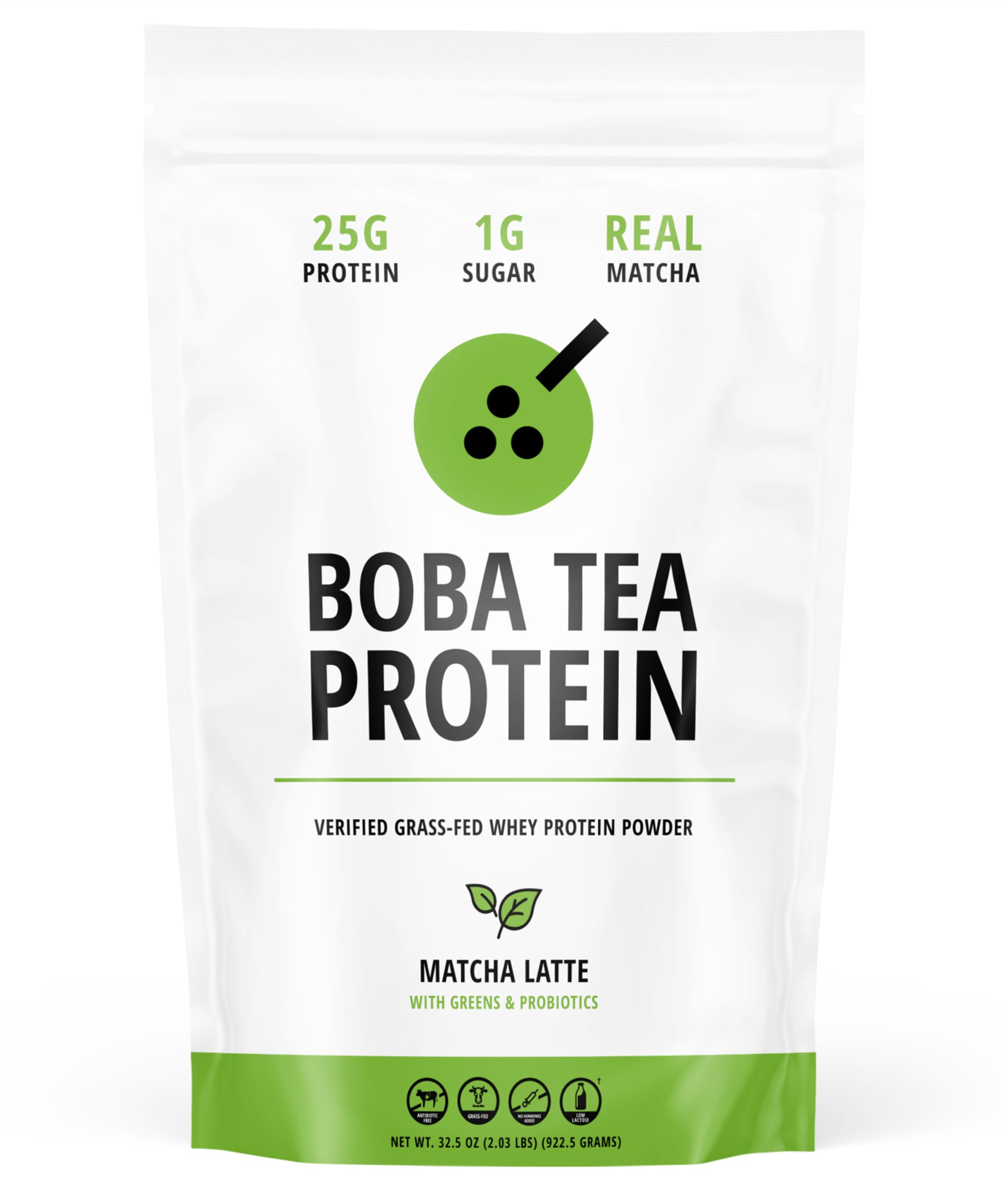 Boba Tea Protein Matcha Latte | 25g Grass-Fed Whey Protein Isolate Powder | Gluten-Free & Soy-Free Bubble Tea Protein Drink | Real Ingredients & Lactose-Free Protein Drink | 25 Servings