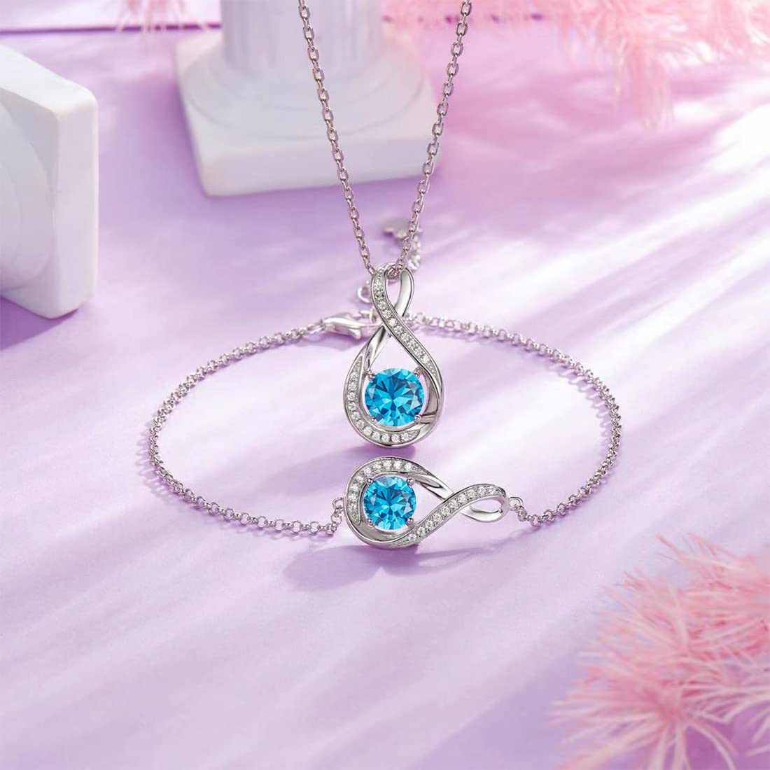 925 Sterling Silber Blau Aquamarin Halskette März Geburtsstein Halsketten für Frauen Infinity Anhänger Silber Kette Weihnachts Geschenke Damen Schmuck für Sie 45+5cm