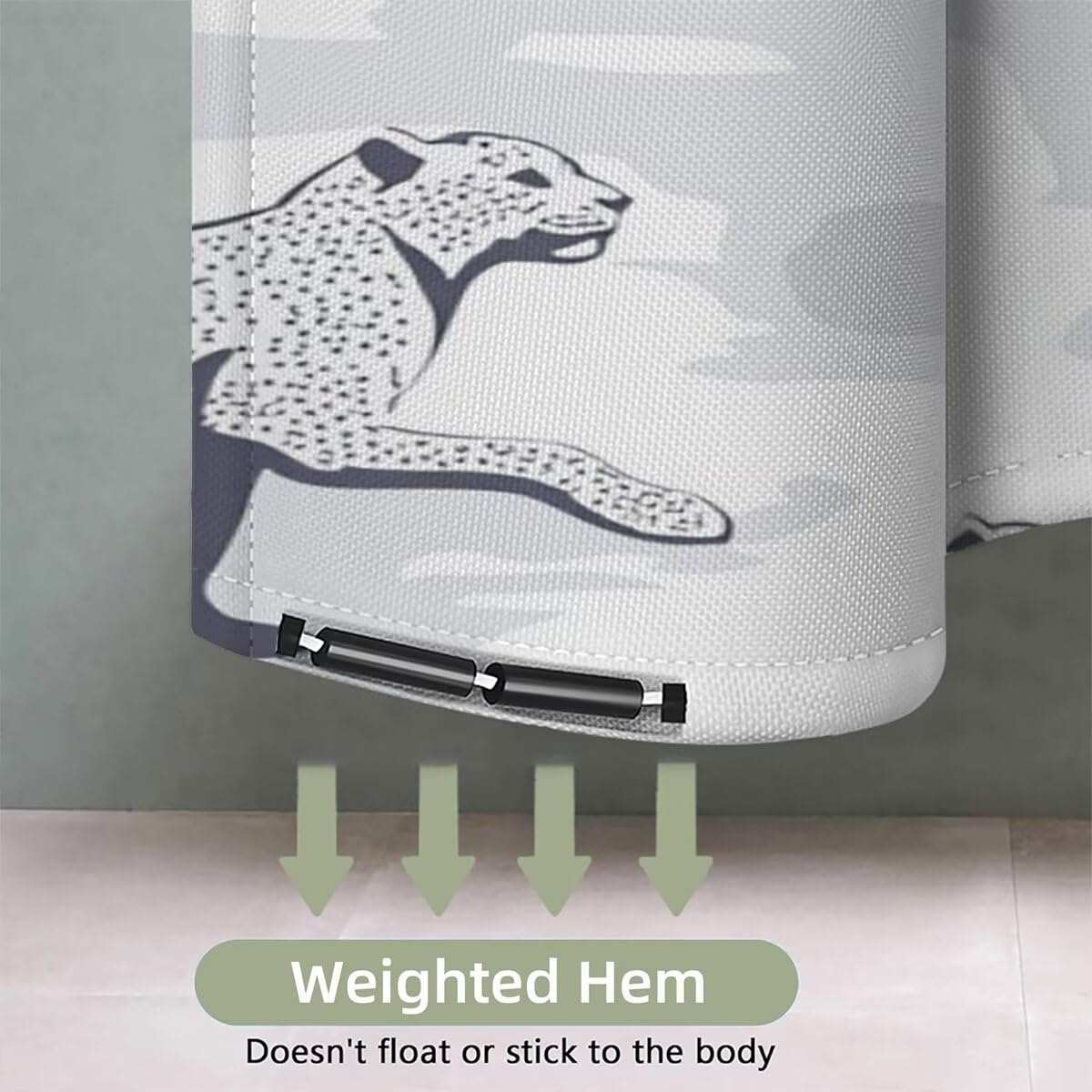 Grau Duschvorhang 240x200, Duschrollo mit 12 Duschvorhang Haken, Leopard Shower Curtains Beschwerter Saum, Waschbar Polyester Stoff Wasserdicht Extra Lang für Badewanne Badezimmer, Geschenke -3173