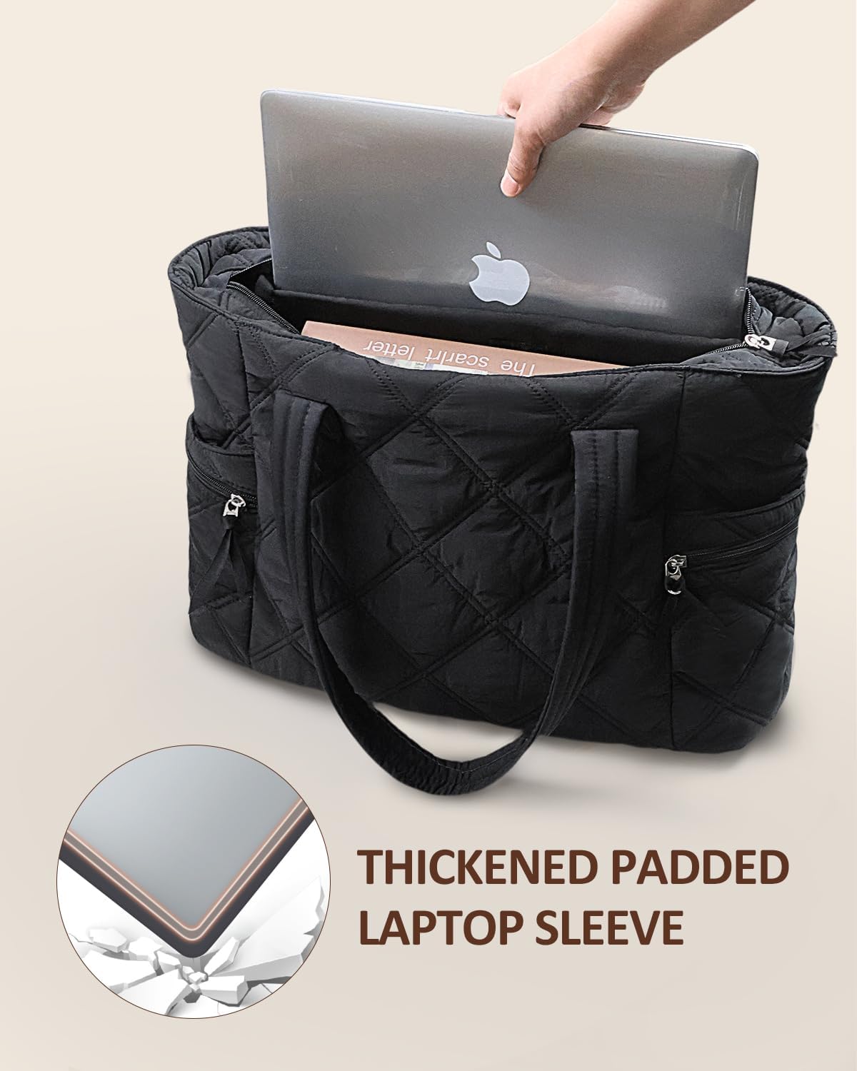 Prite Quilted Tote Bag for Women, Lightweight Puffer Tote with Zipper, Travel Work Nurse Gym Bag(Black) - Image 5