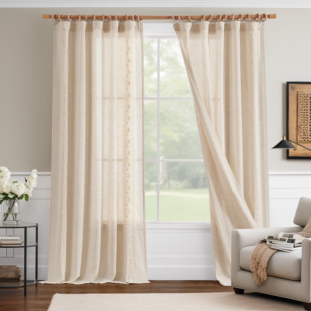 Vangao Gardinen Wohnzimmer Leinenoptik Boho 140B x 245Hcm 2er Set Beige | Leinenoptik Blumen Vorhänge mit Stickerei Landhausstil Lichtdurchlässig Vorhang mit Verdeckten Schlaufen Schlafzimmer Fenster