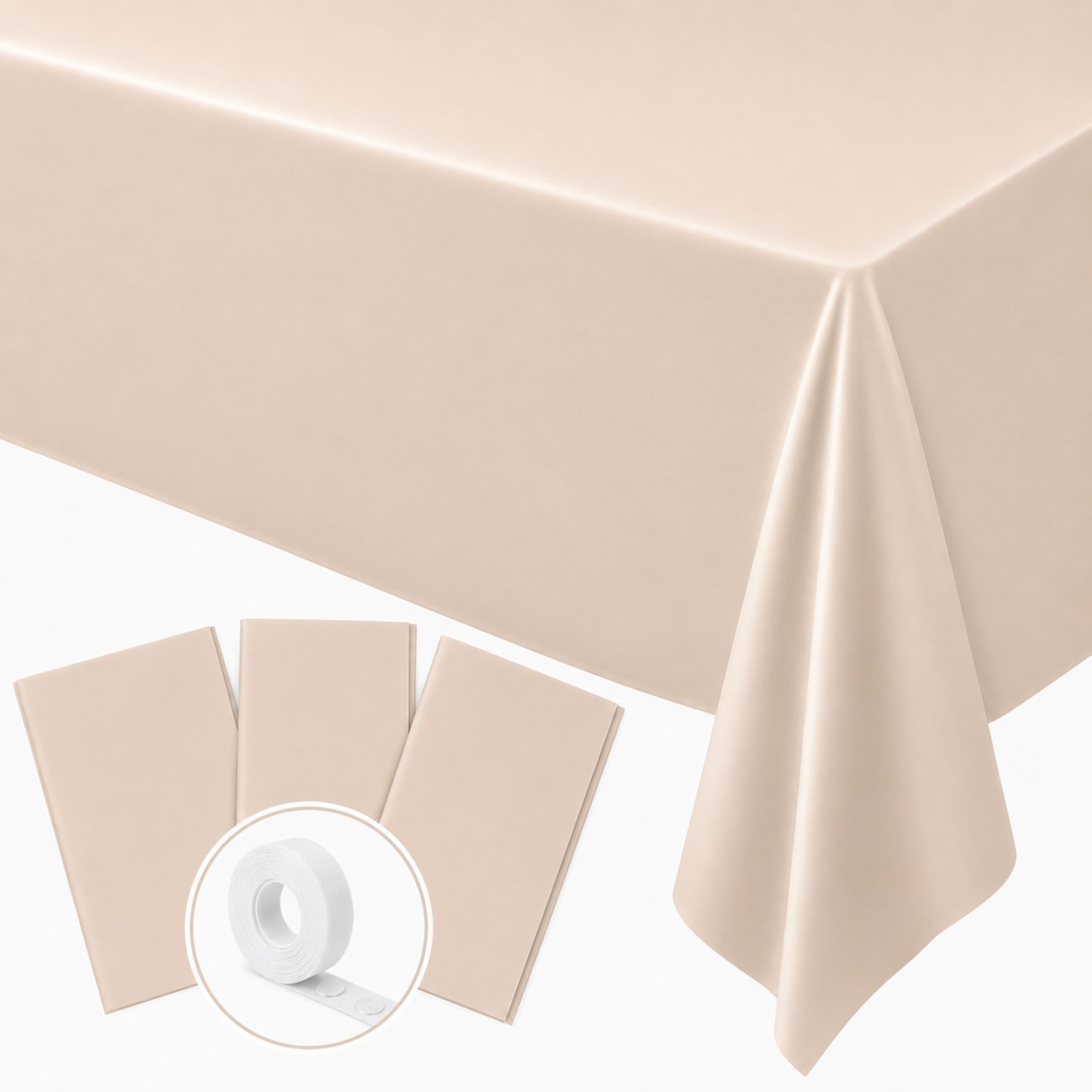 Blue Orchards Beige Plastic Table Cover (Pack of 3 with 20 Glue dots) - 54" x 108" - Beige Waterproof &amp; Disposable Tablecloth, Neutral Boho Chic Decor for Wedding, Wedding Decoration, Party Supplies