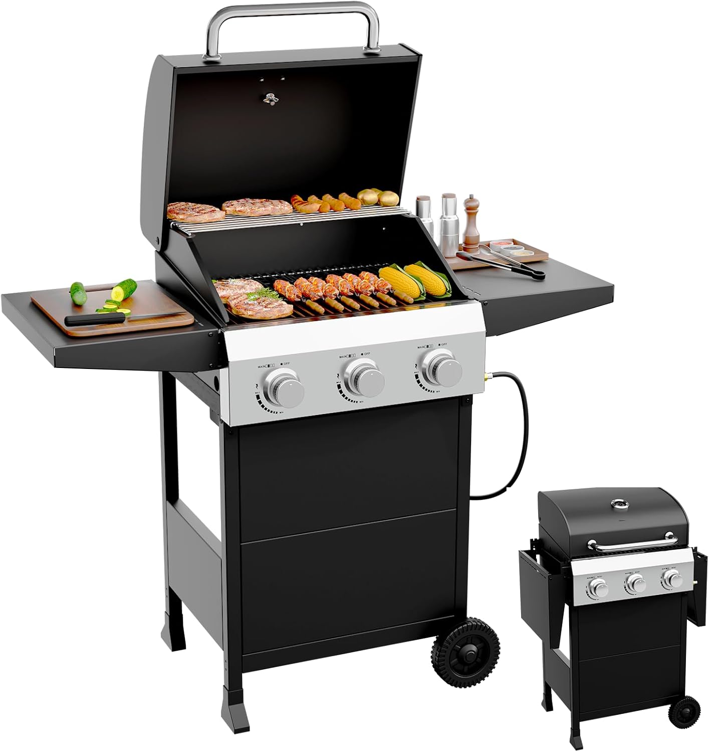 Bonnlo 3 Burners Portable Gas Grill with Enameled Cast Iron Grates, Powerful 36,000 BTU Propane Grill with Side Shelf & Bottom Cabinet, Outdoor Grill with Wheels for Patio Backyard Garden BBQ Use