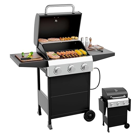 Bonnlo 3 Burners Portable Gas Grill with Enameled Cast Iron Grates, Powerful 36,000 BTU Propane Grill with Side Shelf & Bottom Cabinet, Outdoor Grill with Wheels for Patio Backyard Garden BBQ Use