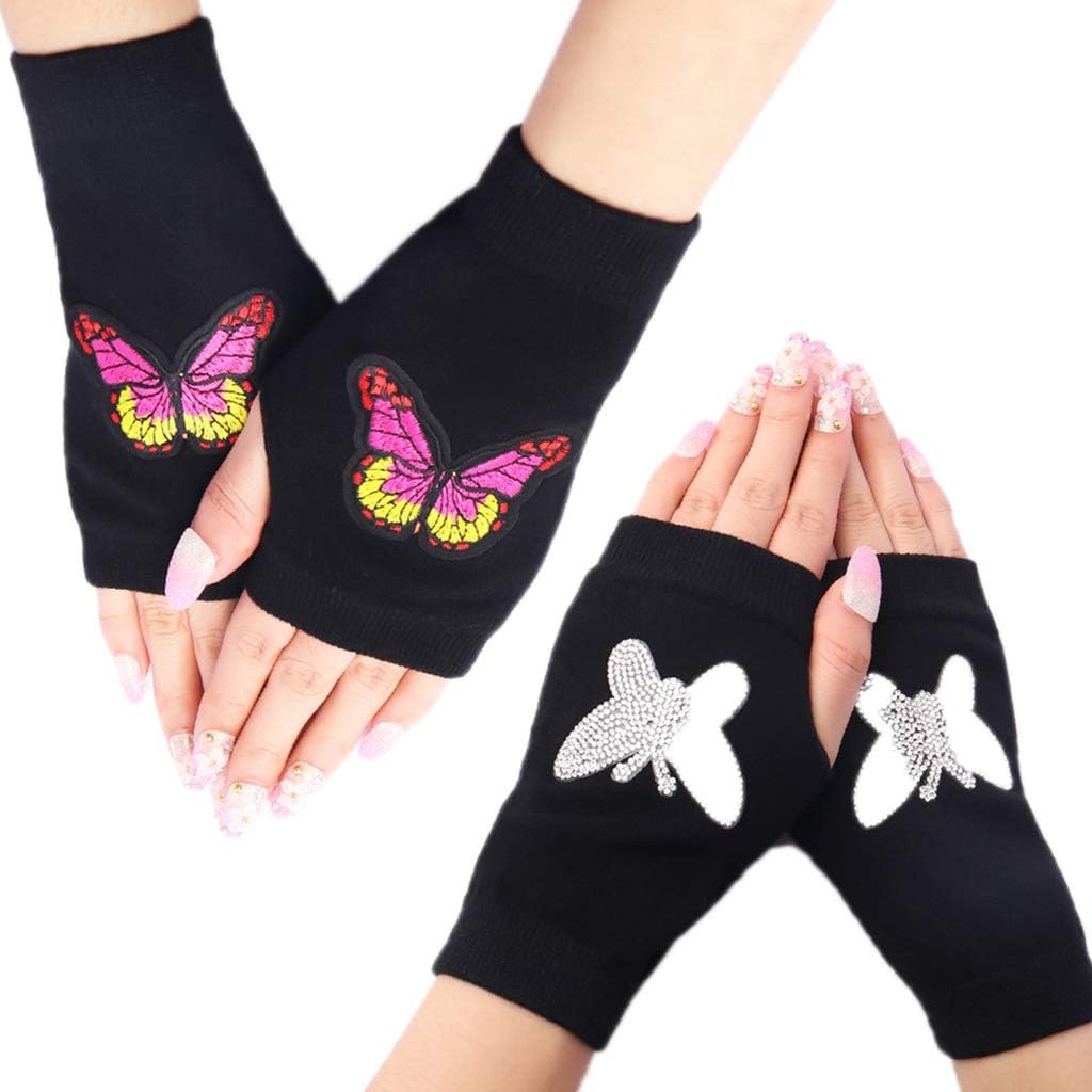 Orcle Women's Knit Fingerless Short Gloves Motorcycle Sailor Dance Thumbhole Mittens 2 Pairs