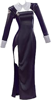 Women Dress Up Cosplay Costume Nun Dress Black High Slit Dress with Top and Veil