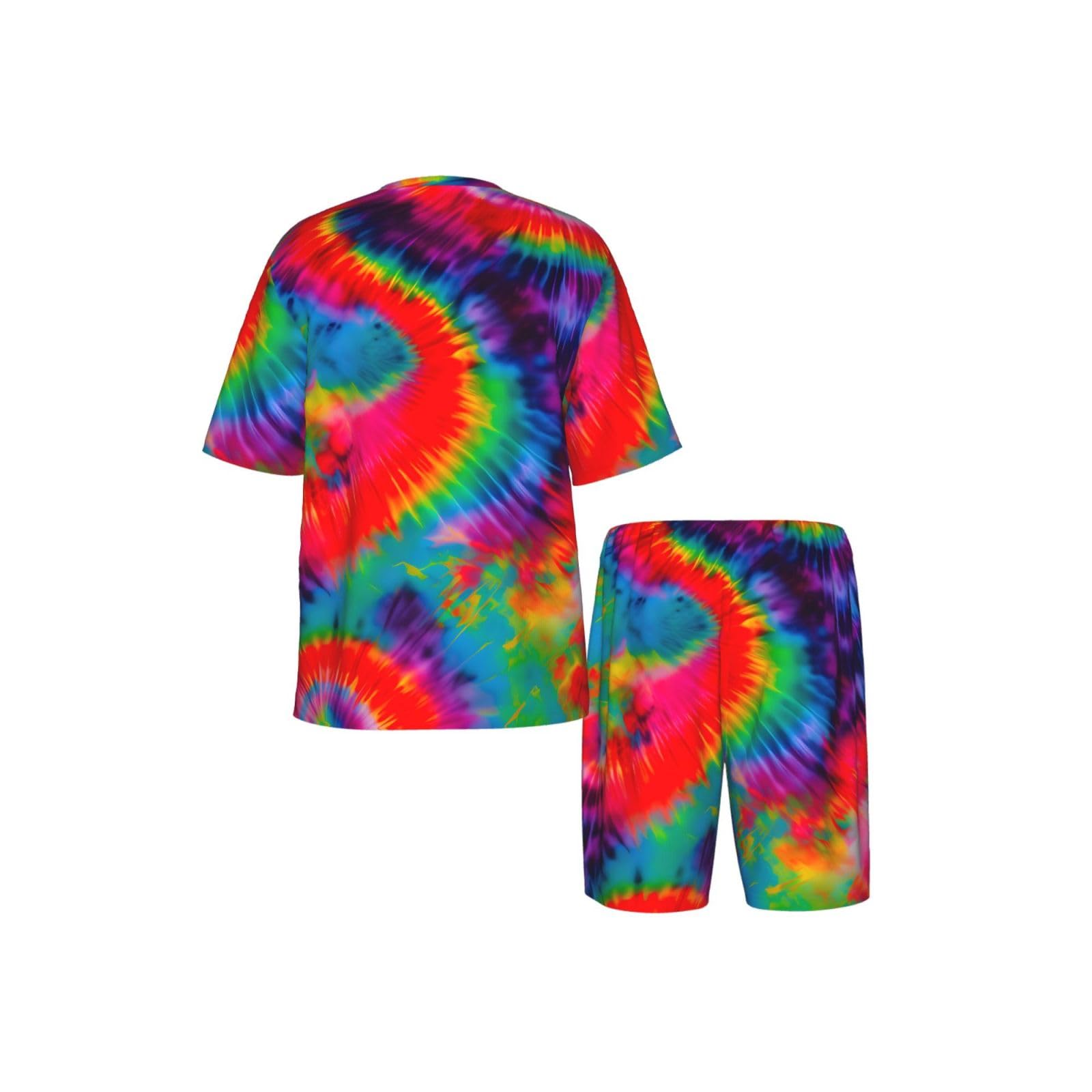 Conjunto de pijama clásico con estampado de teñido anudado colorido para hombre, pantalones cortos de pijama suaves para hombre, perfecto para las noches de verano