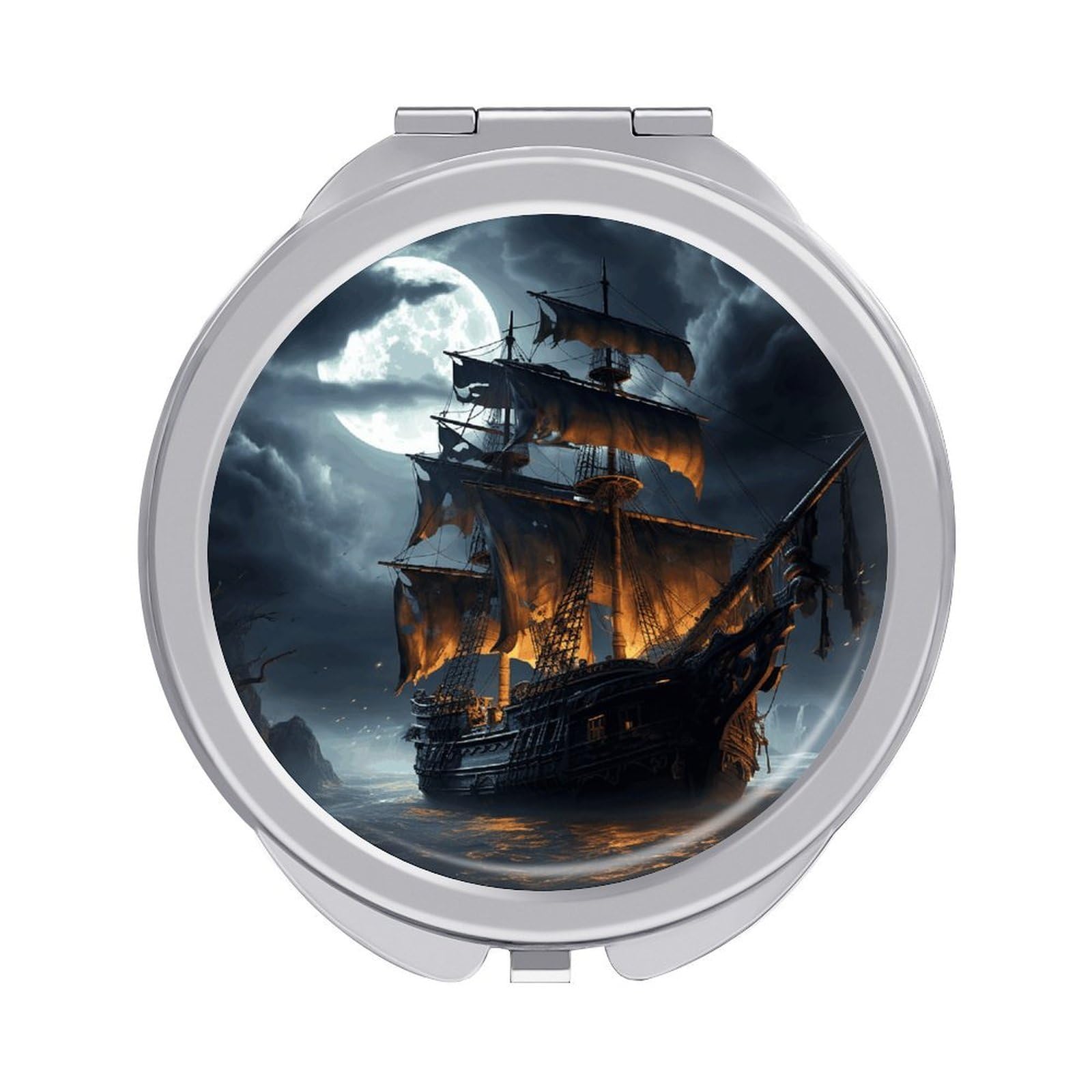 VstaDank Pirate Sailboat Full Moon Travel Makeup Mirrors Exquisite Double-Sided 2X/1X Magnifying Folding Pocket Mirror Portable Round Handheld Mirror Mini Compact Mirrors for Outdoor Home