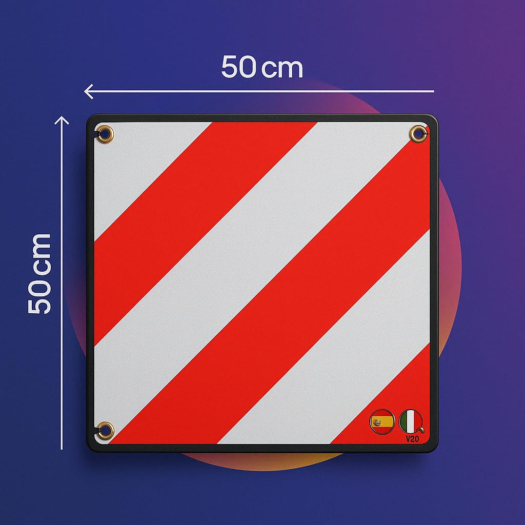 AUTOZOCO Placa V20, Señal Portabicicletas, Señalización Carga Saliente, panel trasero de señalizacion V20 vehículos, Plástico ABS Flexible, Señal V20 perforada, Tamaño 50 x 50 cm, Homologada