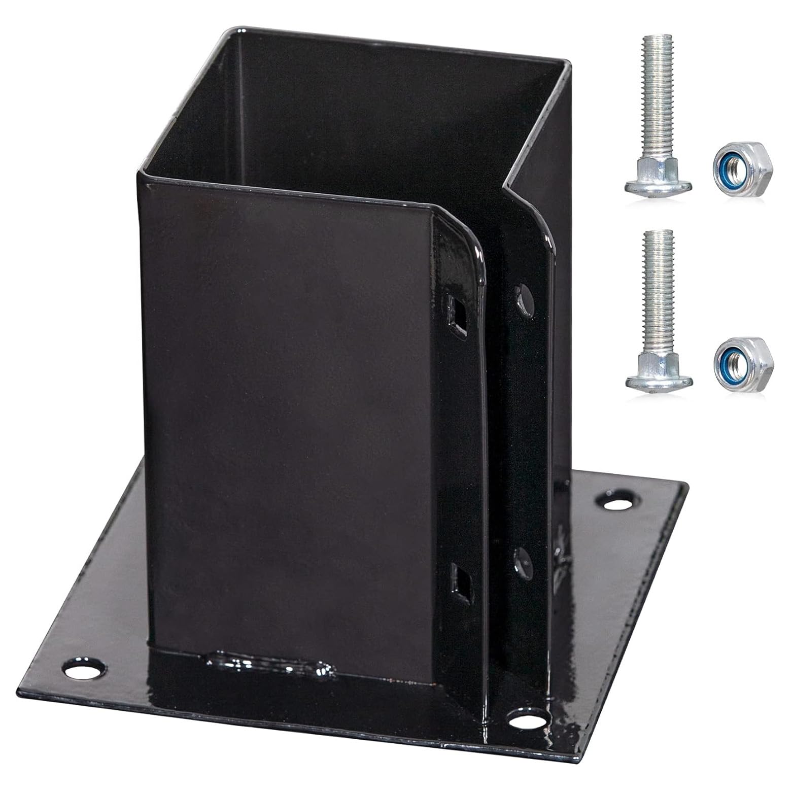 4x4 Inches Wood Posts Base Cover Inner Size 3.5"x3.5", 1 Pack Black Fence Post Support Square Metal Brackets Bolt Down Post Base Bracket for Anchor Fences, Mailbox, Deck Railing