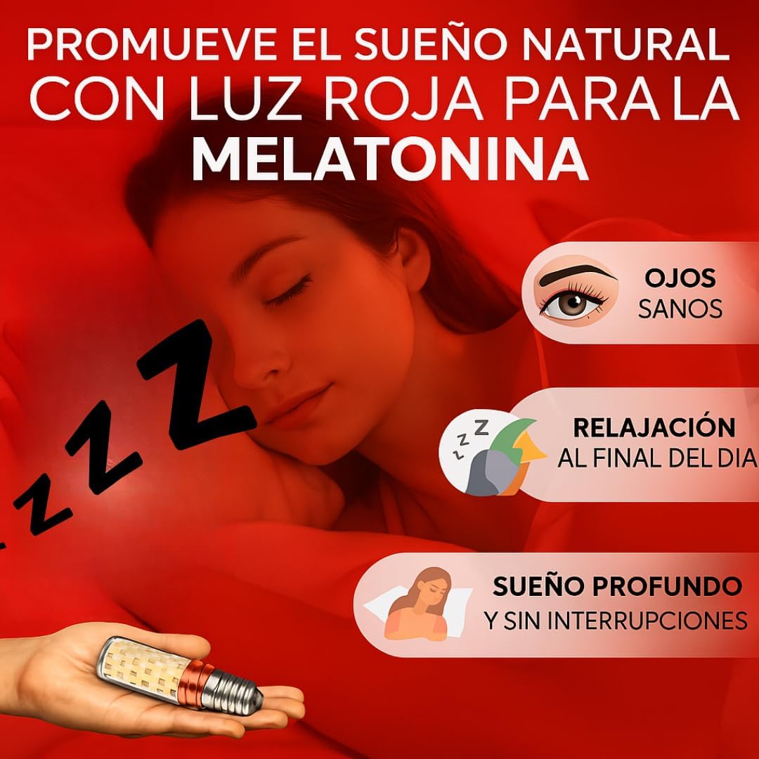 Puremind Luz Roja Nocturna Melatonina E27 - Bombilla Roja Terapia para Dormir - Tecnologa Flicker Free + 0% Luz Azul + Rosca Estndar + Mejora del Ritmo de Descanso