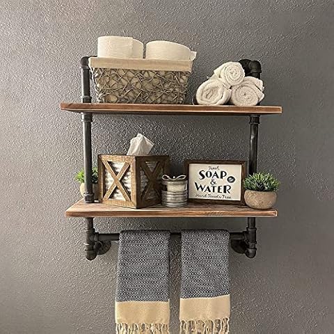Industrial Pipe Shelving,Iron Pipe Shelves Bathroom Shelves with Towel bar,24in Rustic Metal Pipe Floating Pipe Wall Shelf,2 Tier Industrial Wall Mounted,Retro Brown Cover