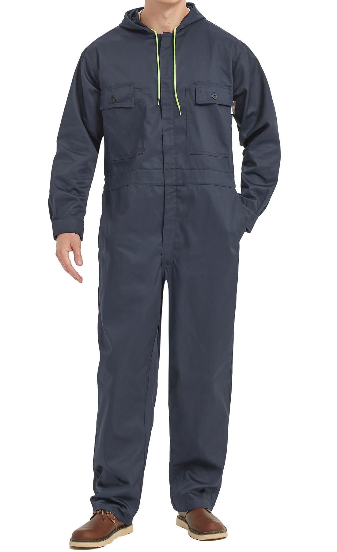 Yukirtiq Mens Cotton Blend Long Sleeve Coverall Multi Pockets Zip Overall Mechanic Work Jumpsuit with Hood