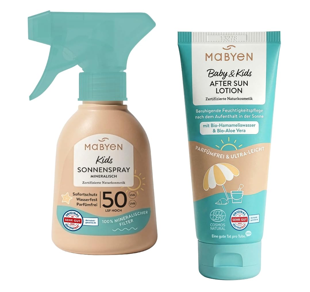 MABYEN Baby & Kids Sonnenspray LSF 50 und After Sun Lotion Set, 100% mineralischer UV-Filter aus Zinkoxid, parfümfrei, COSMOS Natural, 150 ml + 180 ml