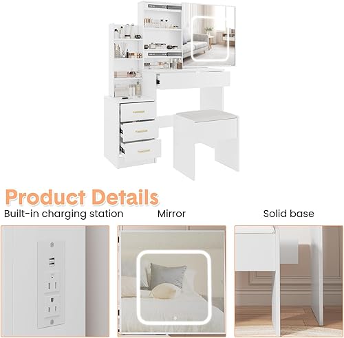Miniatura 4 de GarveeLife Vanity Desk with Sliding Mirror & LED Lights, Makeup Dressing Table with 4 Drawers, Storage Shelves, Power Outlet & Stool, 3-Color