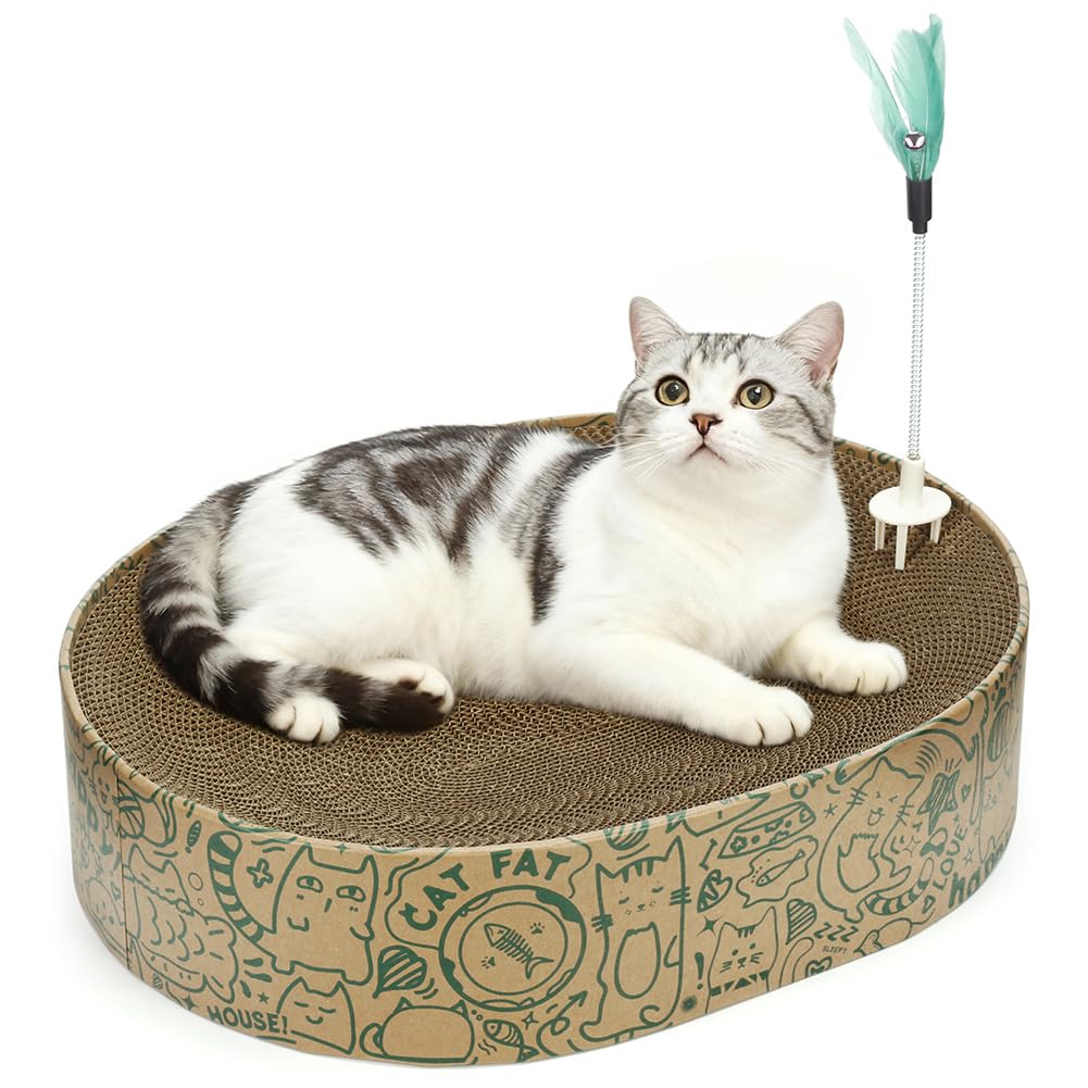 Cat Scratcher Cardboard 2in1 Oval Cat Scratcher Bed for Indoor Cats Cat Scratch Pad Bowl with Scratching Toy Corrugated Lounge Bed&Furniture Protector &Training Toy XL（Green）