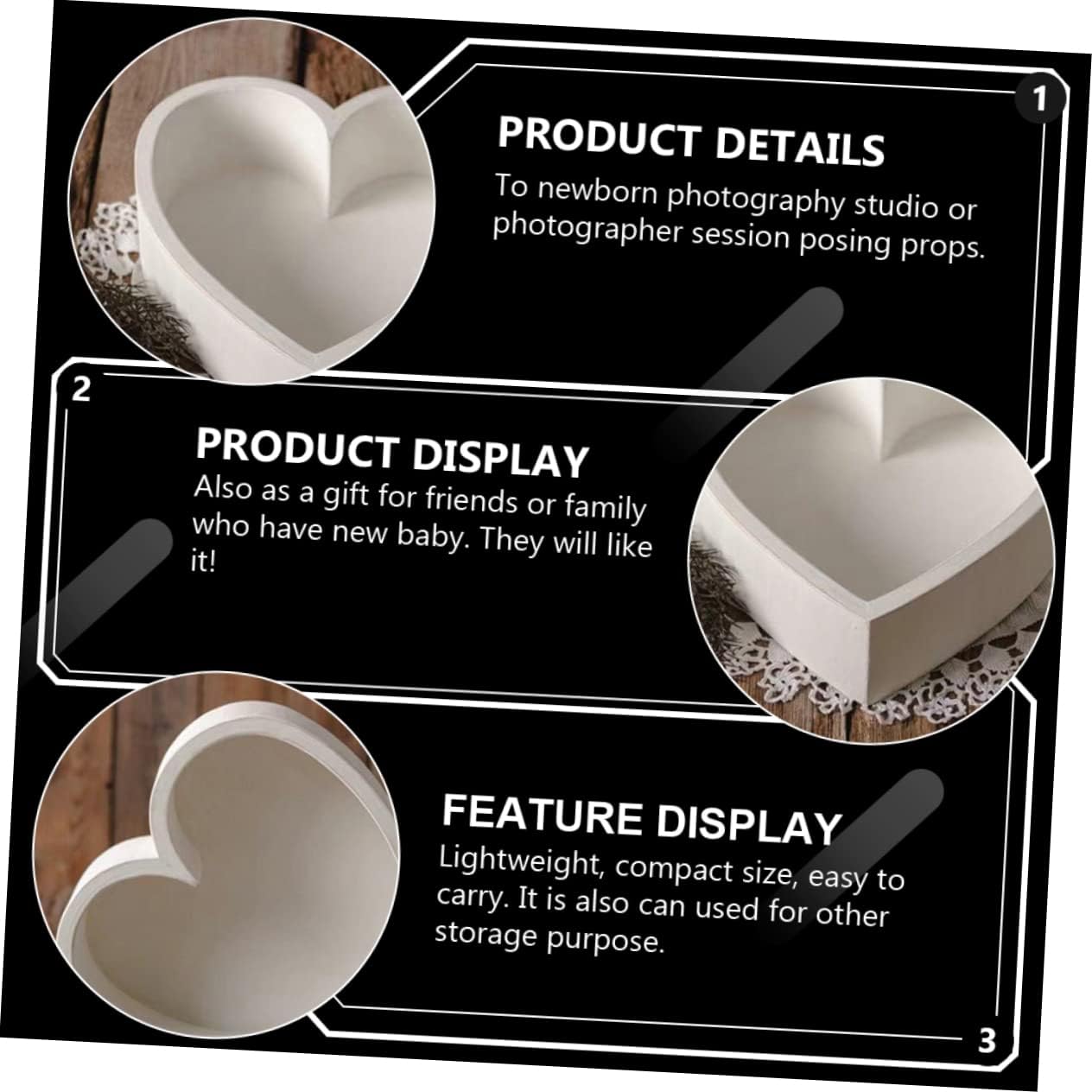 Abaodam Heart Shaped Baby Posing Case Newborn Photography Prop Basket Lightweight Wooden Photo Studio Prop 16.53X16.53X4.72 Inch Compact Size for Newborn Photo Sessions