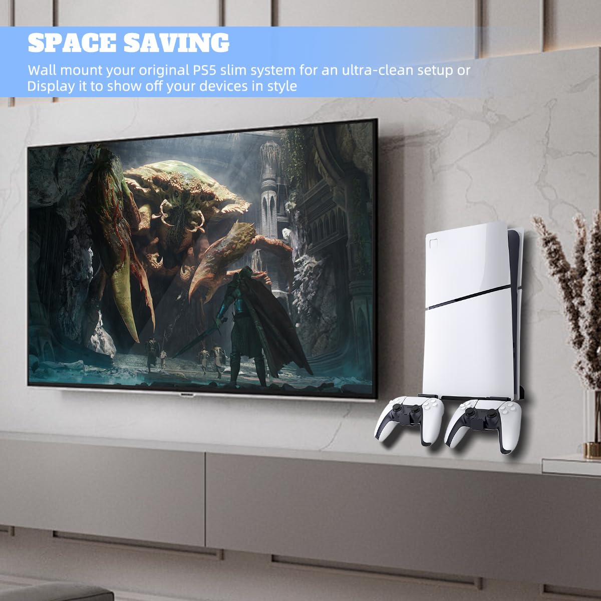 Soporte de Pared para PS5 Slim (Disco y Digital) Con Colgador de Auriculares Desmontable, Negro