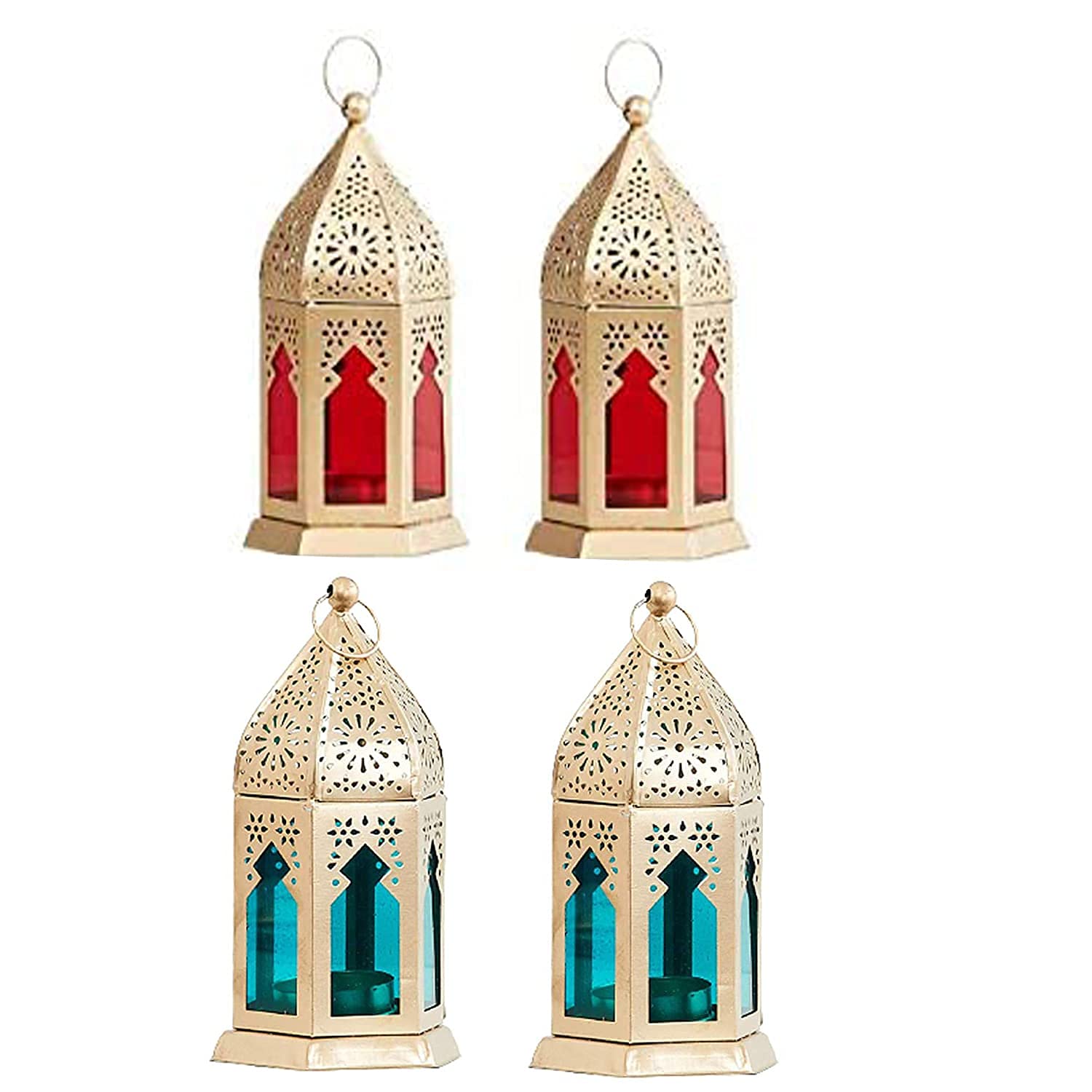 Blue Well Overseas Blue well overseas Unique Collection Decorative Moksha Round Hanging Lantern/Lamp with t-Light Candle, Set of 4 (Size 9x9x17 cm) (White) (lamp_07),Iron