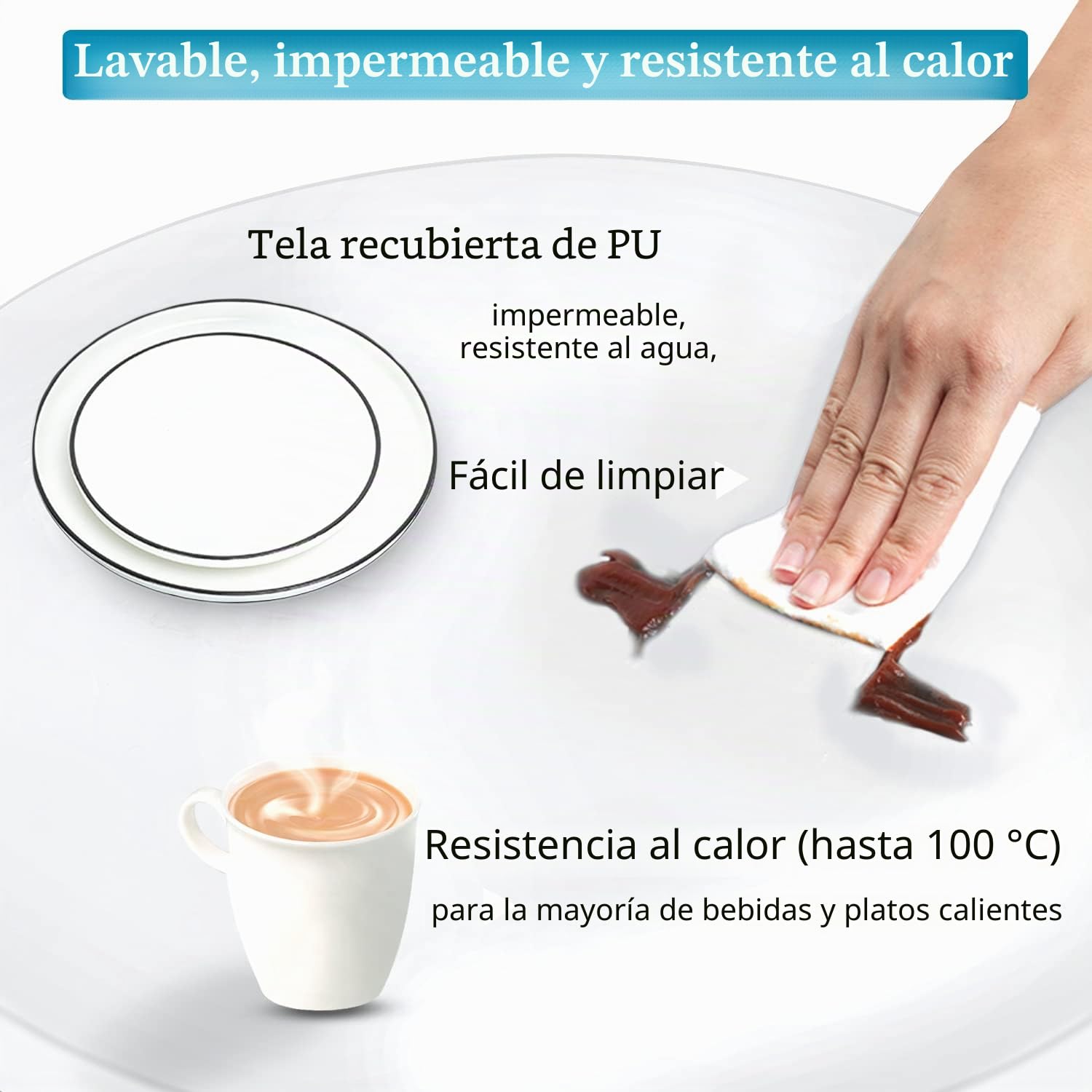 Mantel Ajustable Redondo de Poliuretano con diseño Doble, elástico antidesgarros, Ajustable Suave al Tacto, Impermeable a Prueba de Aceite (Blanco, 145-152cm)
