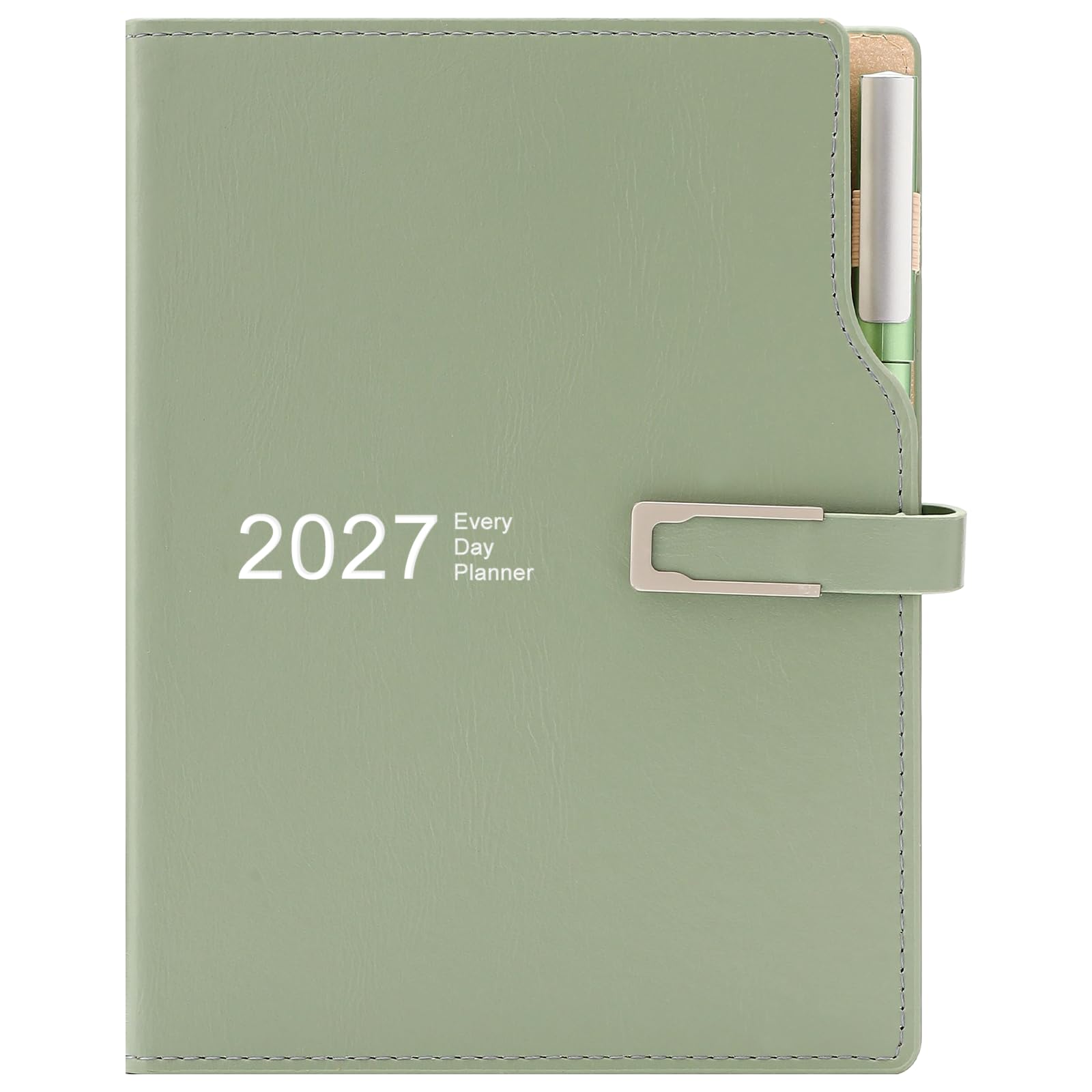 Academic Diary 2027 A5 Day to Page,Schedule Organizer with Calendar Stickers, Agenda Diary Planner with Pen Holder and Pen,Premium Thicker Paper 14 X 21.5 cm (Green)
