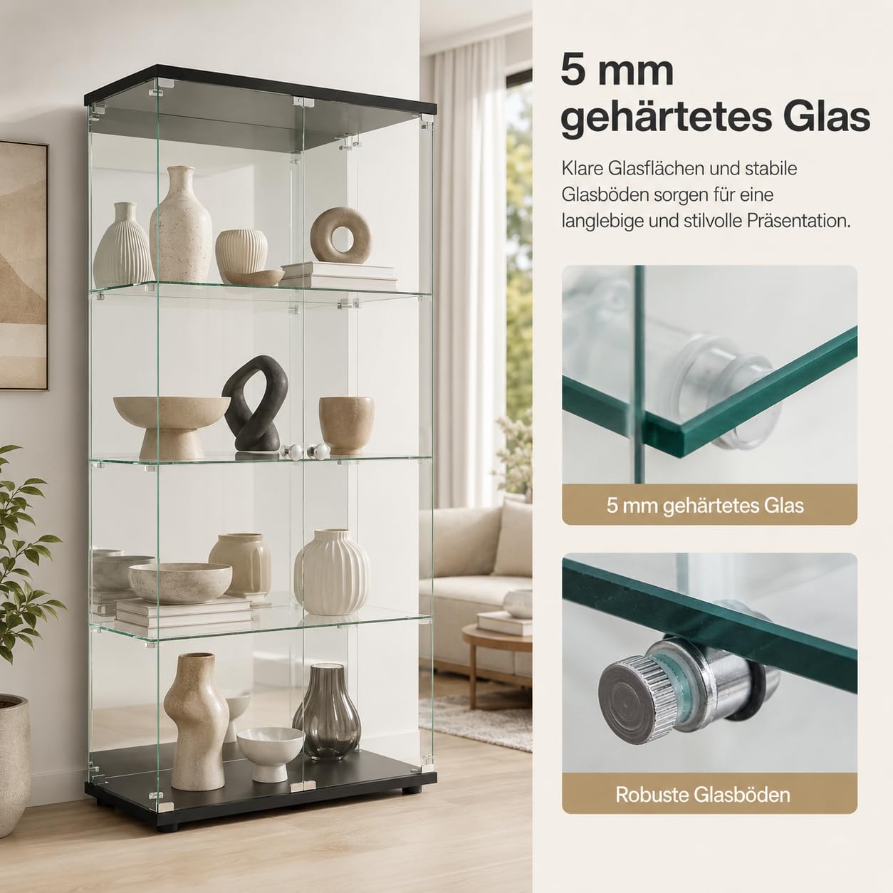 Vitrina de cristal con LED, vitrina de coleccionista de pie con 2 puertas de cristal con cerradura y 4 estantes, vitrina transparente, para salón, oficina, coleccionables, libros, vino (negro)