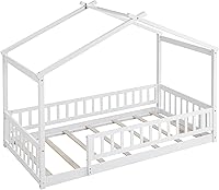 Vista 4 de Merax Cama de tamaño individual de madera estilo casa con valla, marco de cama de madera con techo y barandilla de seguridad para niños, Blanco