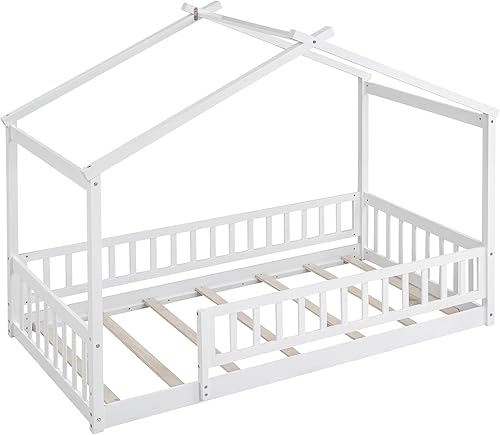 Miniatura 4 de Merax Cama de tamaño individual de madera estilo casa con valla, marco de cama de madera con techo y barandilla de seguridad para niños,