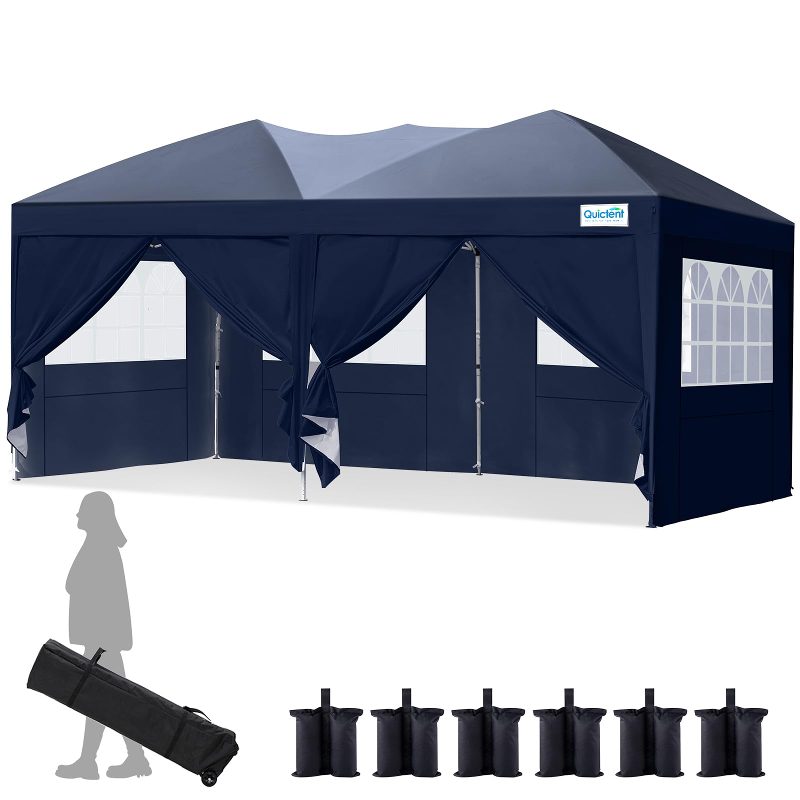 Quictent Gazebo Pieghevole 3x6m con Pareti Laterali con Finestre a Chiesa, Rifugio per Eventi ad Altezza Regolabile, Tenda Portatile per Feste in Giardino e Campeggio, Blu Scuro