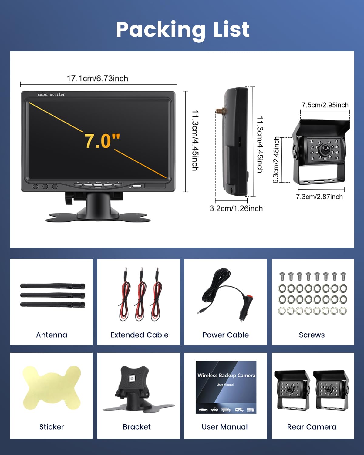 Kit de cámara de Respaldo inalámbrica con Dos cámaras 1080P: Pantalla HD de 7 Pulgadas, visión Nocturna Impermeable IP68 para Camiones, remolques, vehículos recreativos, Furgonetas y automóviles